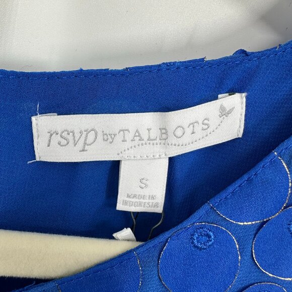 Talbots RSVP Embellished Blouse Top S Sleeveless Applique Gold Trim Circles Blue - Picture 10 of 11
